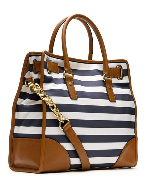 Michael Kors Hamilton Striped Canvas Tote Navy Blue and White